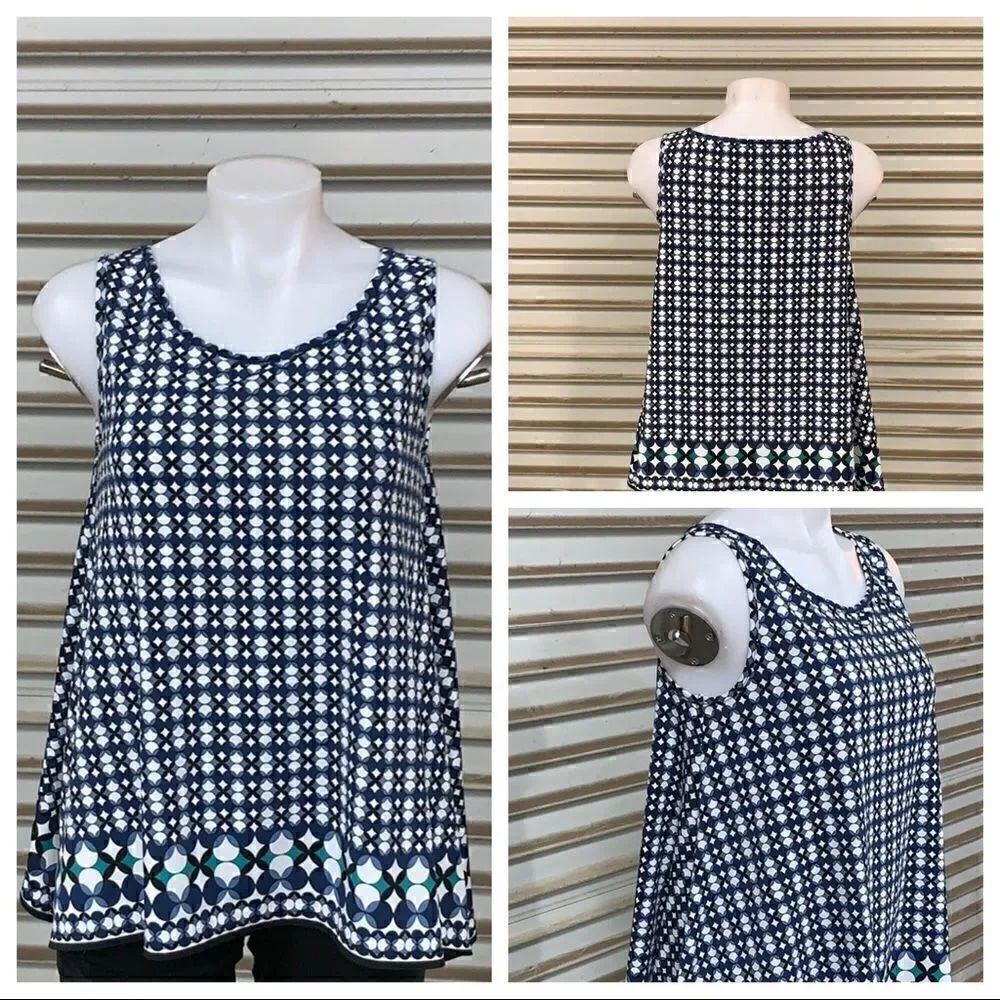 Max Studio top tank career sleeveless geometric design blue white size small